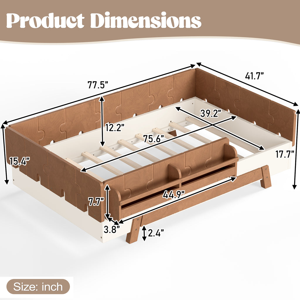 NYBOPAVIS Twin Size Floor Bed with Slats and Safety Guardrail, Montessori Floor Bed with Fence and Door, Easy Assemble Montessori Beds, Beige & Brown