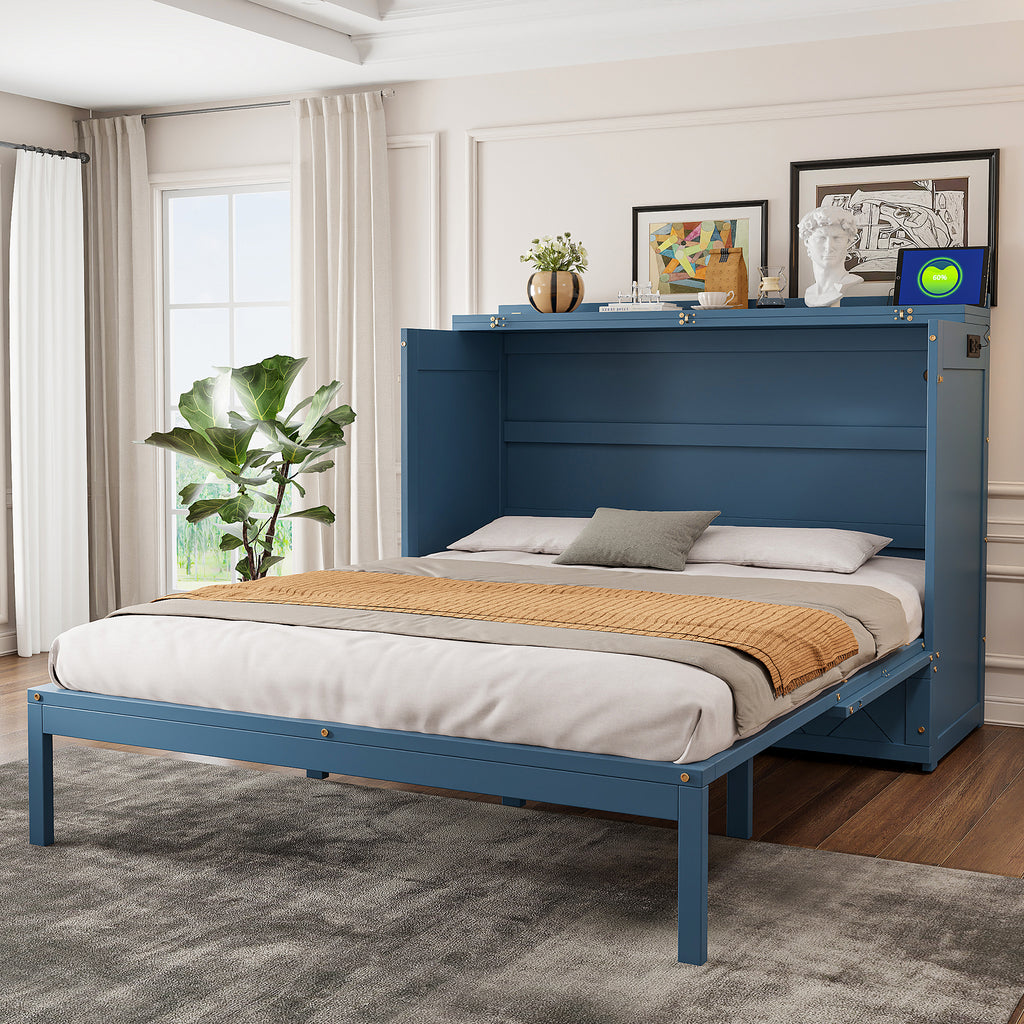 Queen Size Murphy Beds with drawer & USB Ports,Folding Storage Wall Bed Furniture for Bedroom,Office,Guest Room, Navy Blue