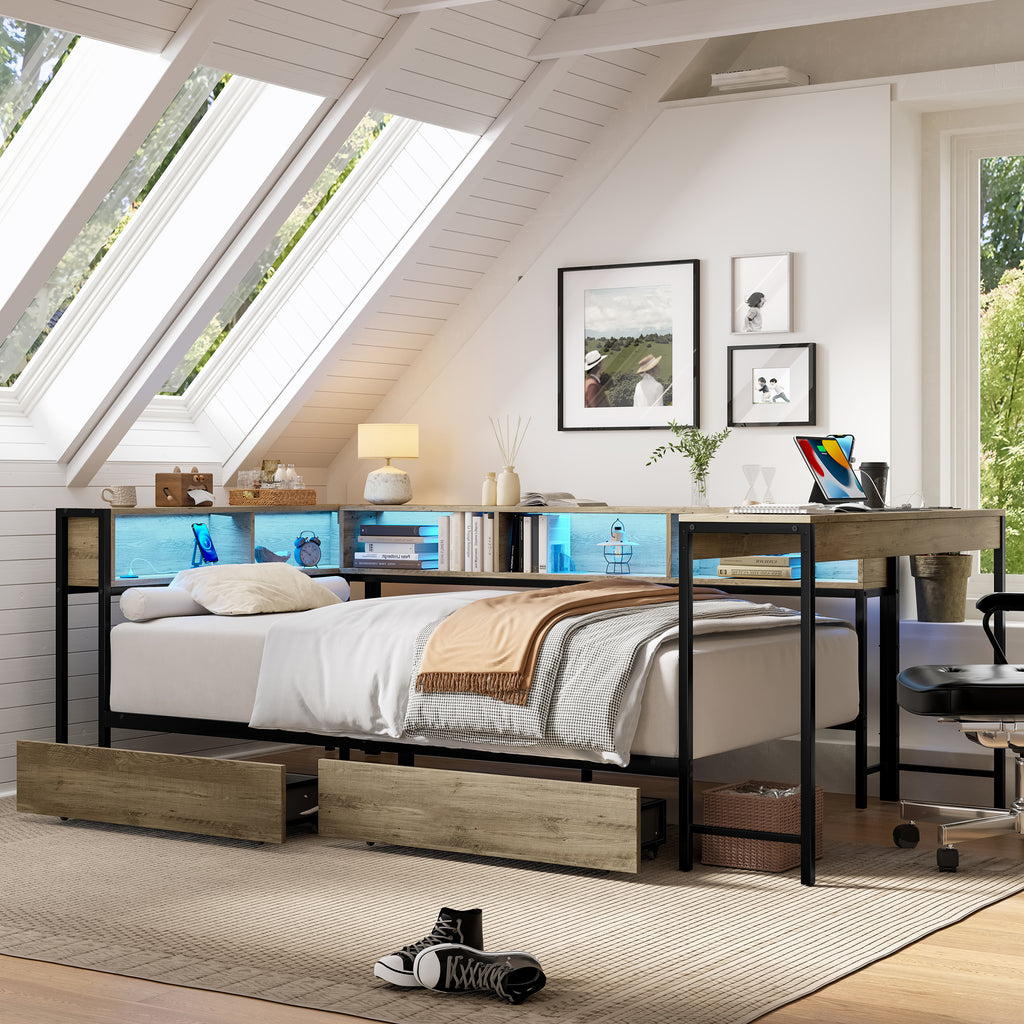 Queen Size Corner Bed Frame with LED Light & Charging Station,Bookcase, Modern Bed with Bookcase & 2 Underbed Storage Drawers, Left and Right Interchangeable, Grey