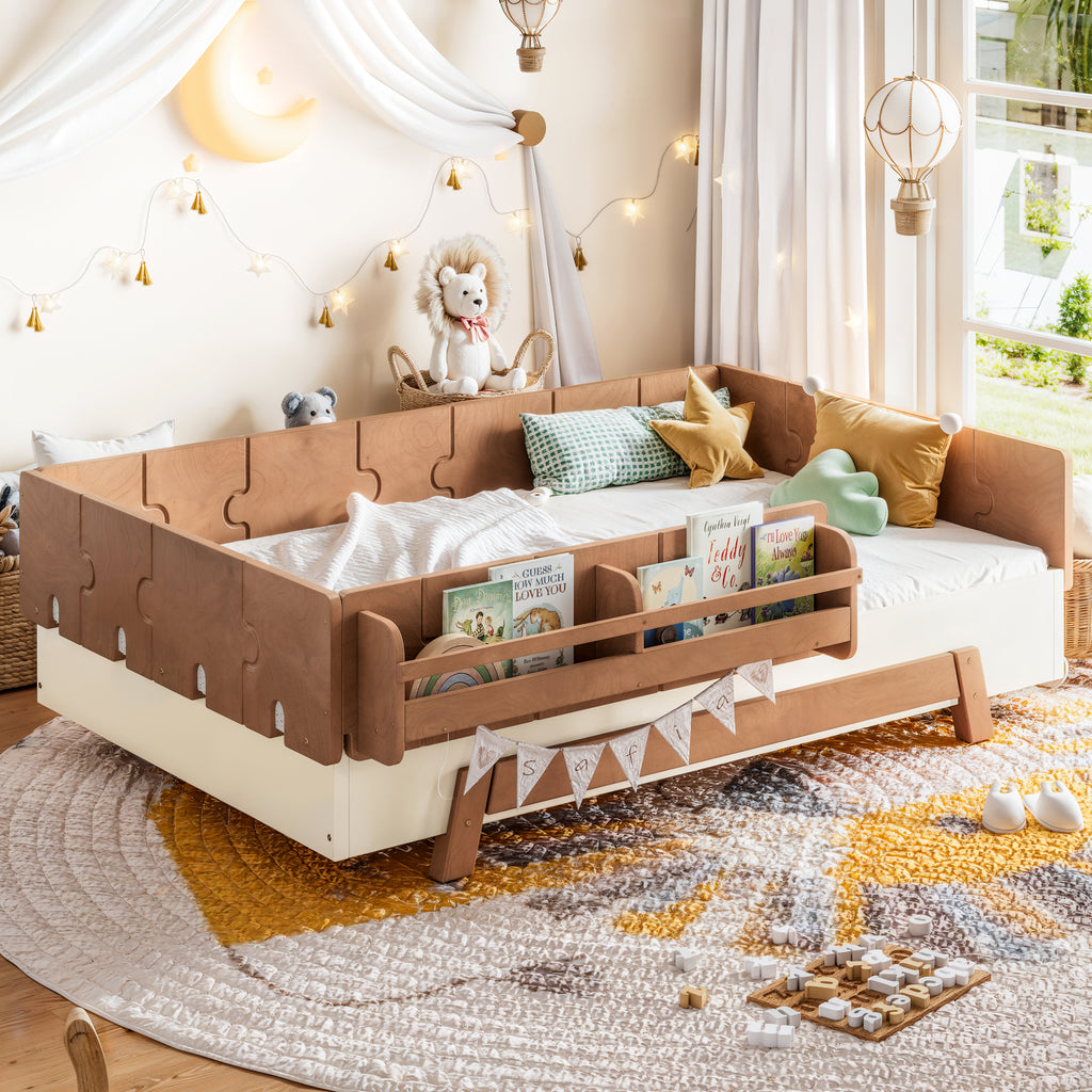 NYBOPAVIS Twin Size Floor Bed with Slats and Safety Guardrail, Montessori Floor Bed with Fence and Door, Easy Assemble Montessori Beds, Beige & Brown