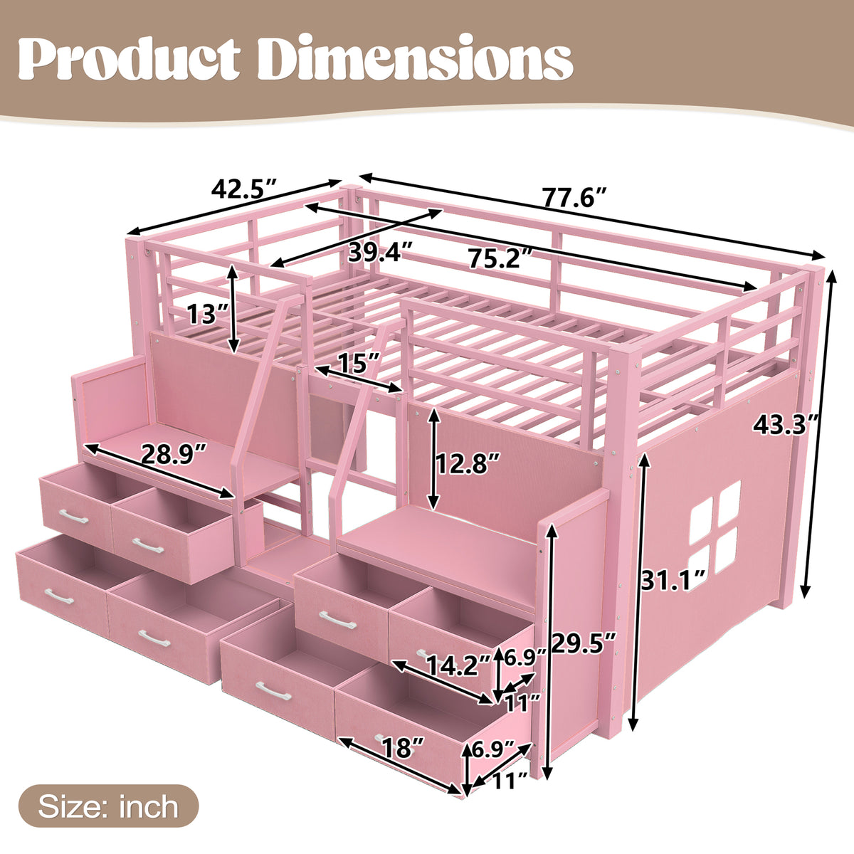 NYBOPAVIS Twin Metal Loft Bed Frame with 8 Drawers & LED Light, Independent Spaces under Bed with Stairs, Pink