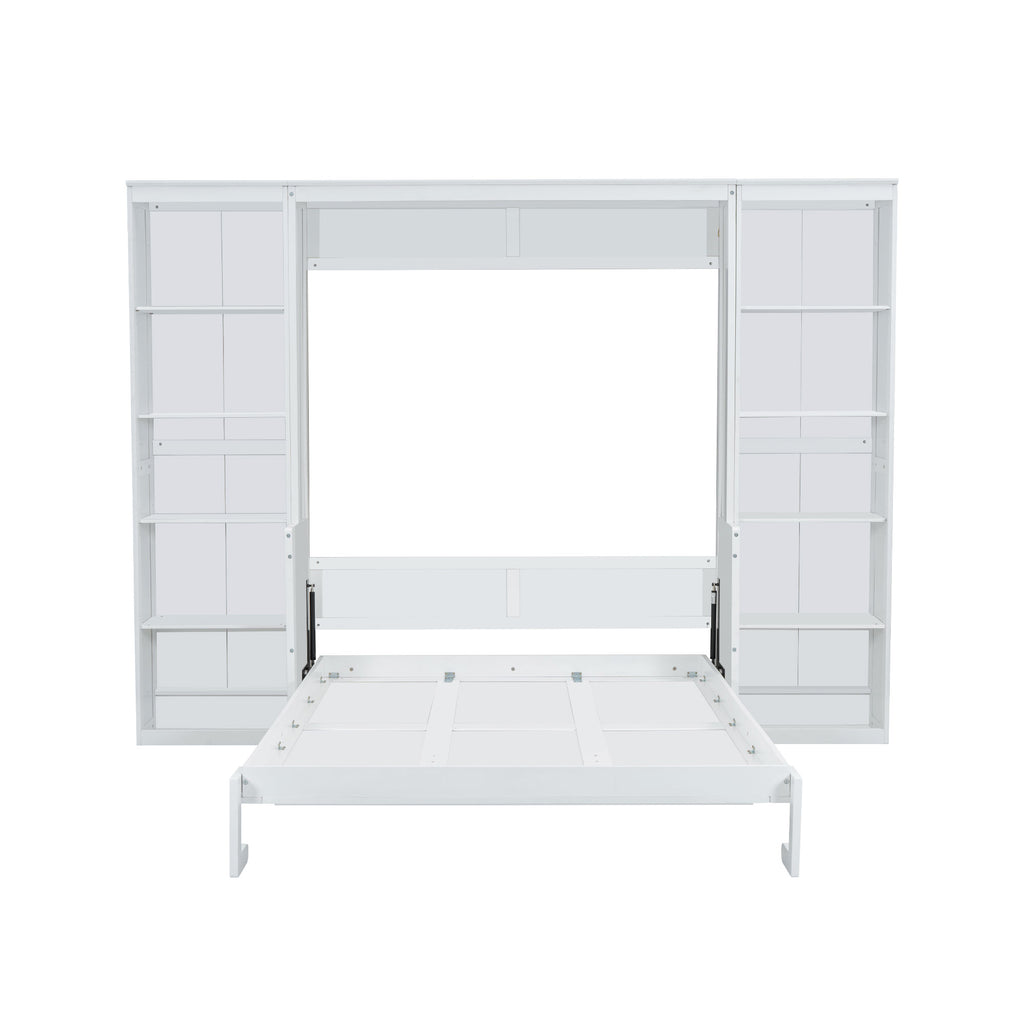 NYBOPAVIS Queen Size Murphy Bed with Vanity Desk & Bookshelf,Space-Saving Hidden Wall Bed for Living Room,White