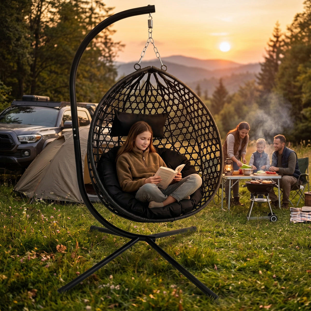 Foldable Indoor/Outdoor Wicker Swing Egg Chair, Hammock Hanging Chair Nest Basket with Stand, UV Resistant Cushions, 350LB Capacity for Bedroom, Balcony, Garden & Poolside, Grey