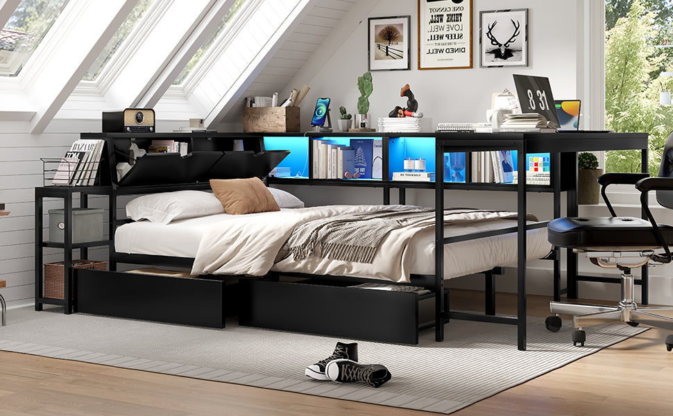 Full Size Corner Bed Frame with Bookcase & 2 Underbed Storage Drawers, Modern Bed with LED Light and Charging Station, Left and Right Interchangeable,Black