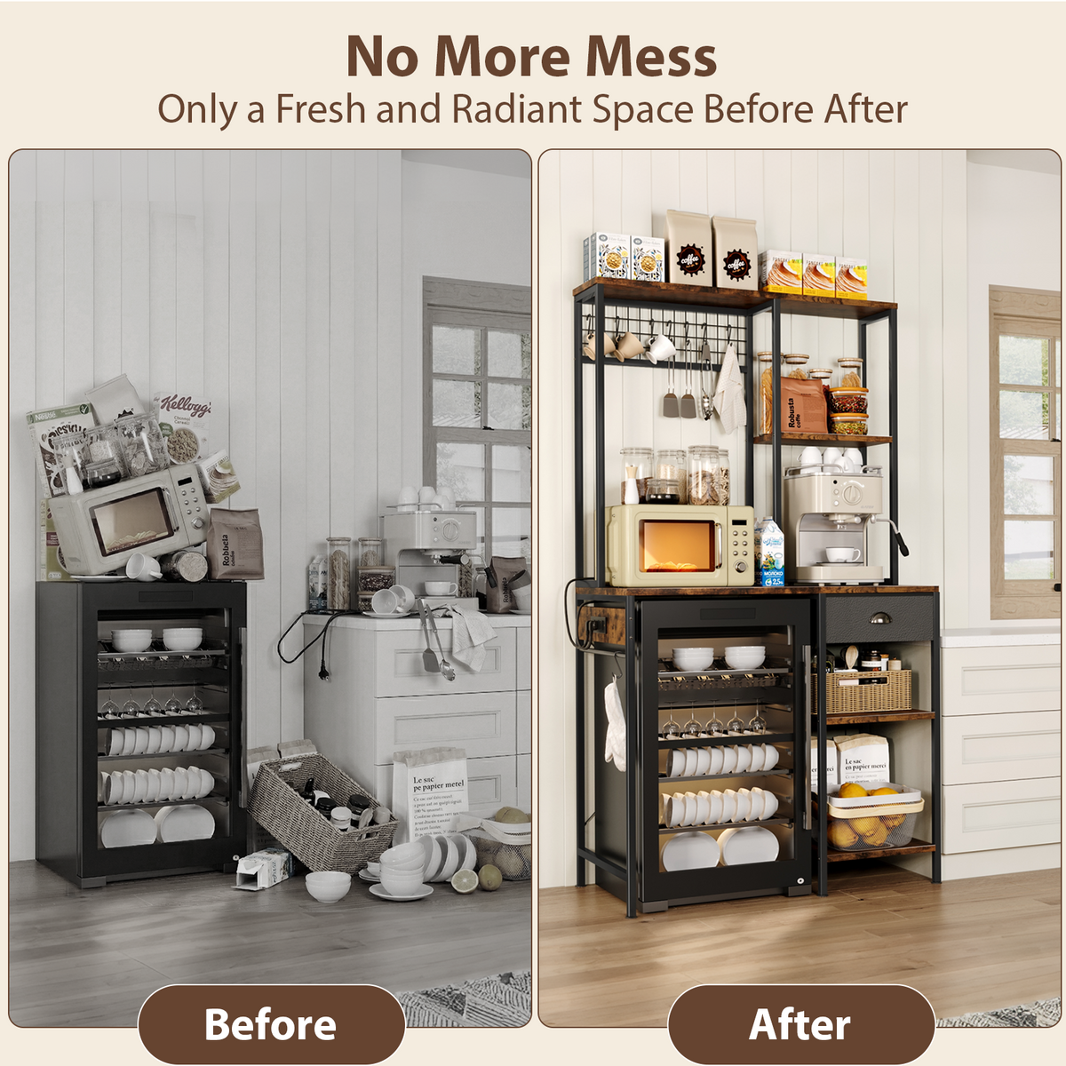 3 Tire Large Bakers Rack with Power Outlets & Adjustable Shelves, Large Coffee Bar Station with 8 Hooks,Kitchen Shelf Rack for Spices, Pots (Rustic Brown)