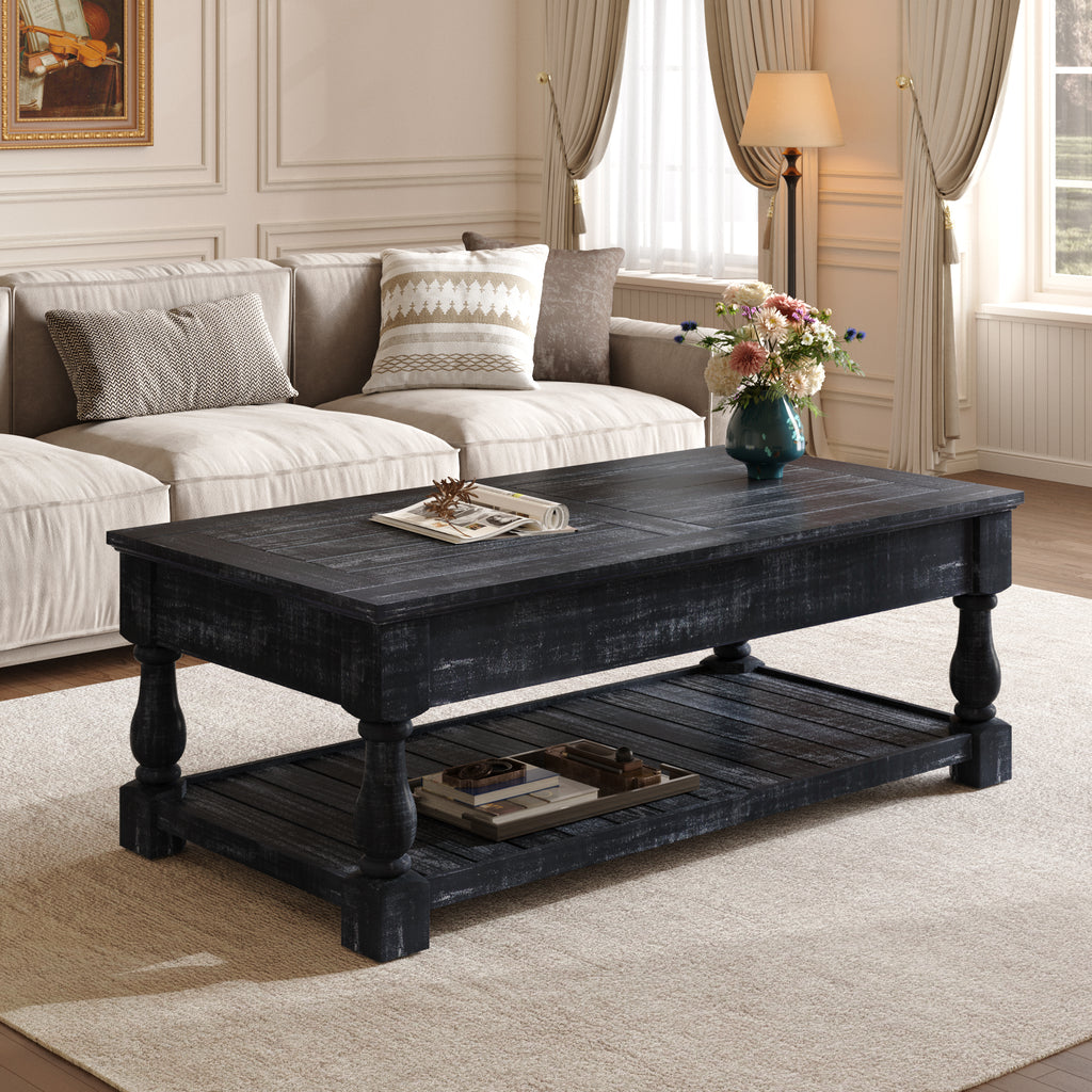 Lift Top Coffee Table with 3 Hidden Storage Trays, Wooden Convertible Coffee Table with Hidden Compartments for Living Room, Black