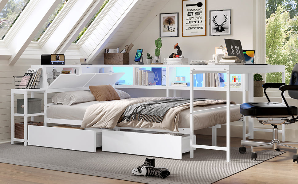 Queen Size Corner Bed Frame with Bookcase & 2 Underbed Storage Drawers, Modern Bed with LED Light and Charging Station, Left and Right Interchangeable, White