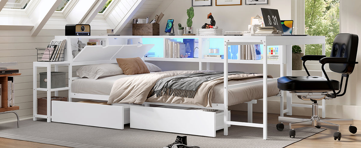 Twin Size Corner Bed Frame with Bookcase & 2 Underbed Storage Drawers, Modern Bed with LED Light and Charging Station, Left and Right Interchangeable, White