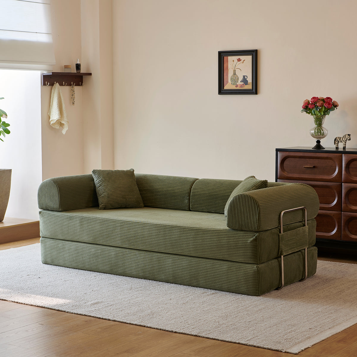 Compressed Convertible Floor Sofa Bed, Boneless Modular Sectional Futon Couch with Pillow Back & Armrest, Corduroy Fabric Loveseat for Living Room Bedroom, Green