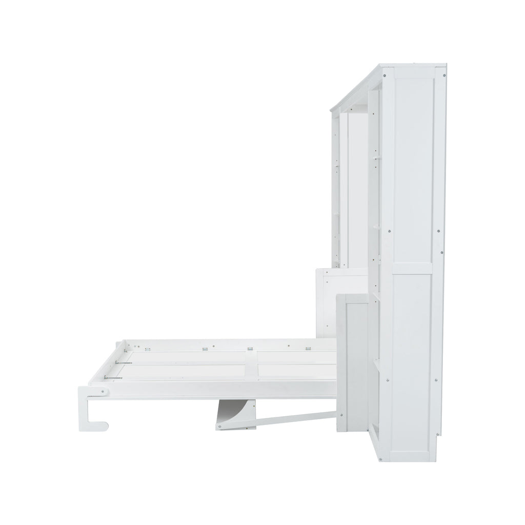NYBOPAVIS Queen Size Murphy Bed with Vanity Desk & Bookshelf,Space-Saving Hidden Wall Bed for Living Room,White