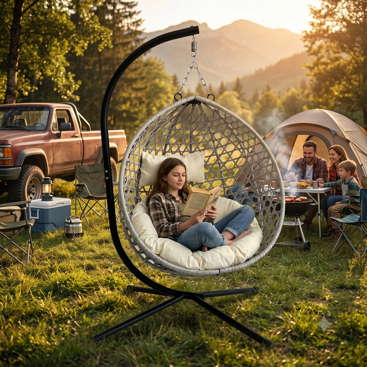 Foldable Indoor/Outdoor Wicker Swing Egg Chair, Hammock Hanging Chair Nest Basket with Stand, UV Resistant Cushions, 350LB Capacity for Bedroom, Balcony, Garden & Poolside, Beige-Gray
