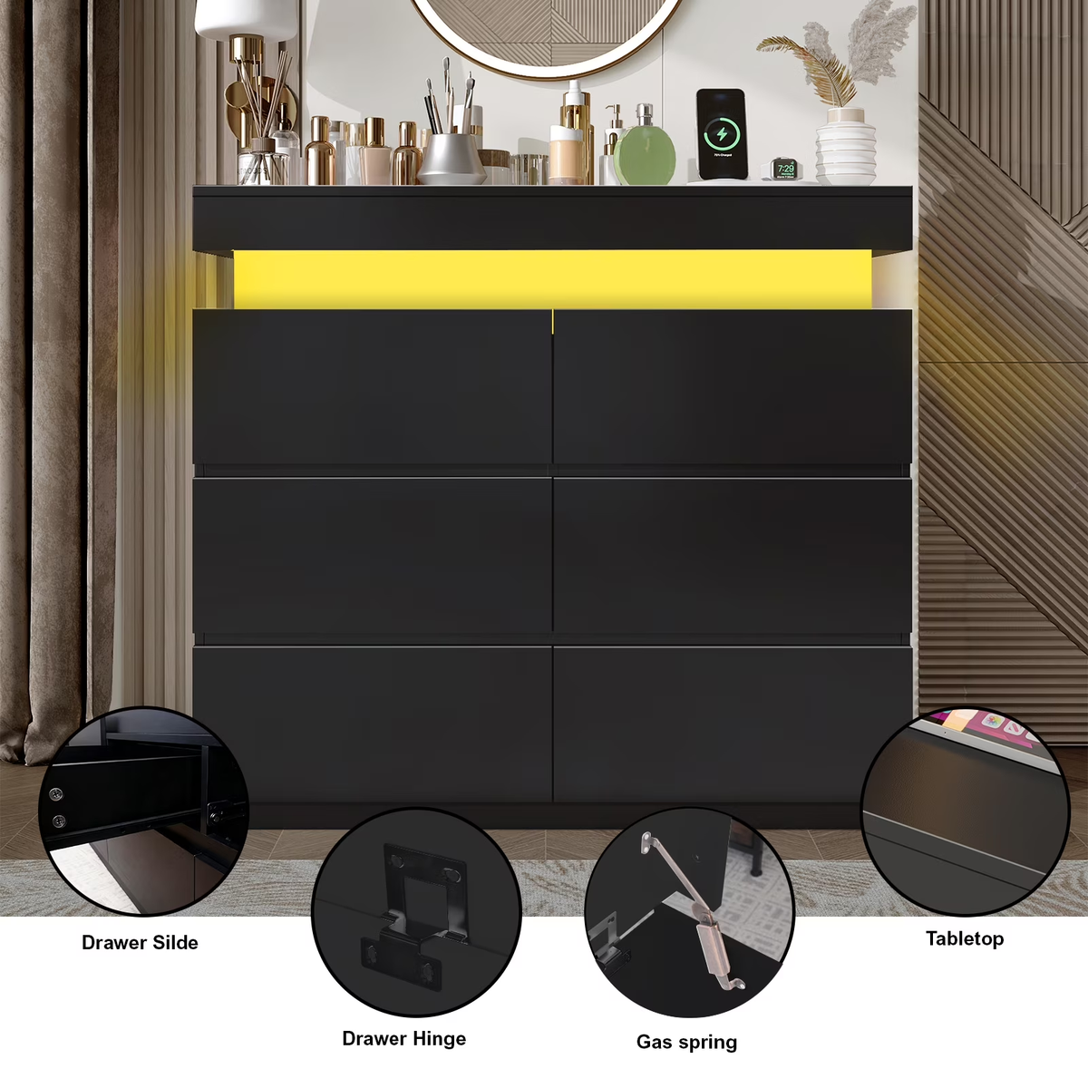 NYBOPAVIS 6 Drawer Dresser for Bedroom, 39" Wide Black Wooden Dresser for Clothes, Modern Chest of Drawers with Flip Top Storage, LED Lights & Charging Station for Closet, Living Room, Entryway