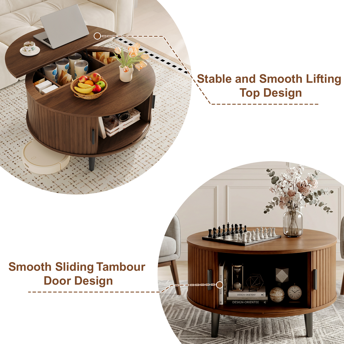 NYBOPAVIS Round Lift Top Coffee Table with Hidden Storage & Sliding Door, Mid Century Modern Wooden Center Table for Living Room, Apartment, Small Space, Walnut
