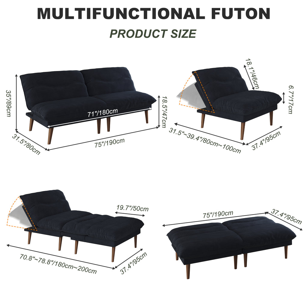 NYBOPAVIS 75" Futon, Twin Size Convertible Sleeper Sofa Bed, Corduroy Loveseat Sofa Couch for Apartment Small Space Black