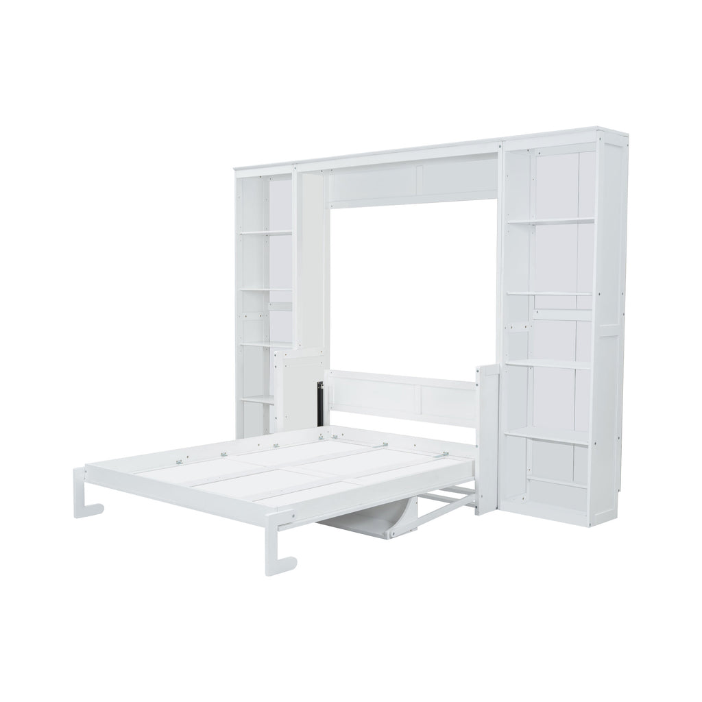 NYBOPAVIS Queen Size Murphy Bed with Vanity Desk & Bookshelf,Space-Saving Hidden Wall Bed for Living Room,White