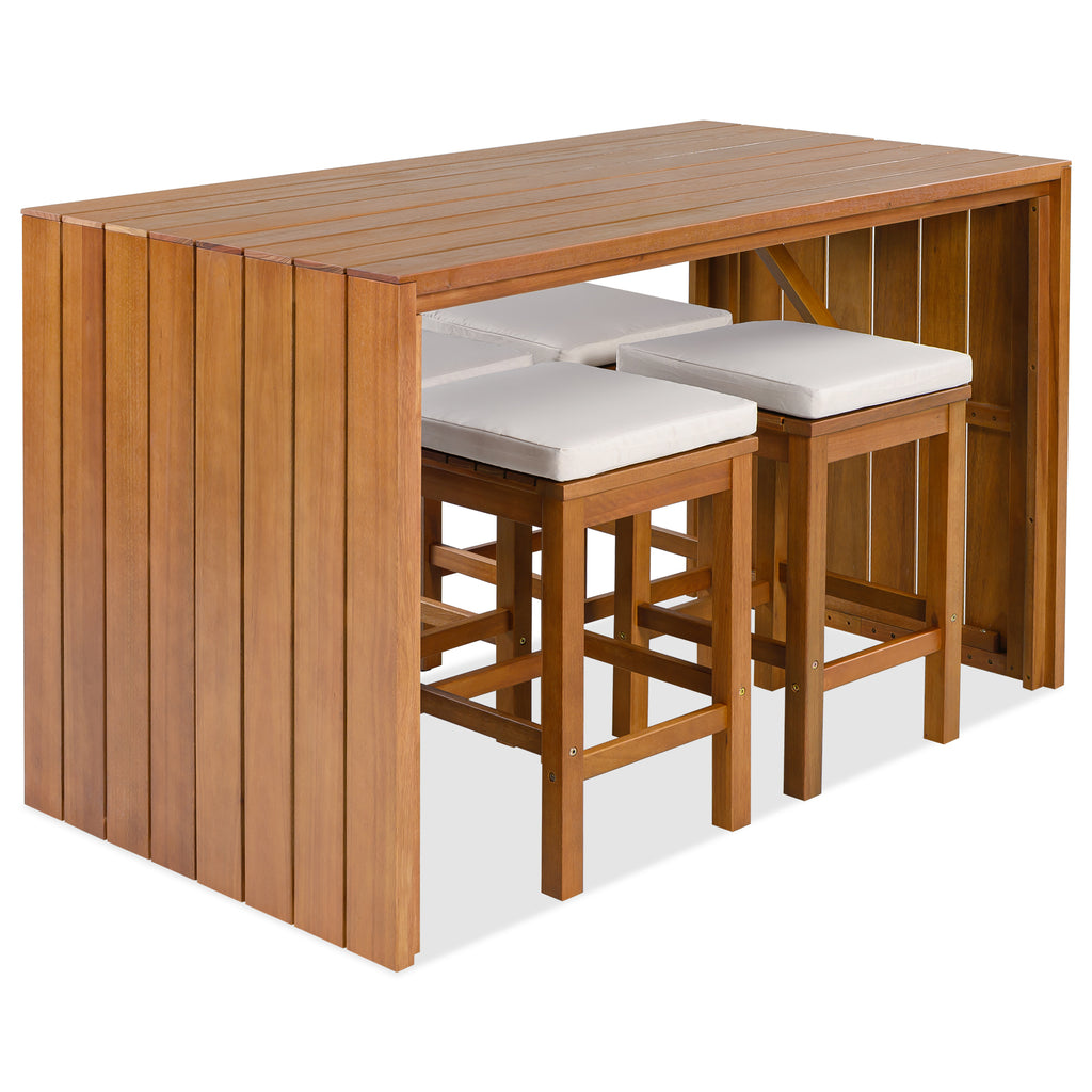 NYBOPAVIS 5 Piece Outdoor Bar Set, Acacia Wood Bar Height Table & 4 Cushioned Stools, Beige Cushion Natural Wood for Backyard，Poolside，Balcony
