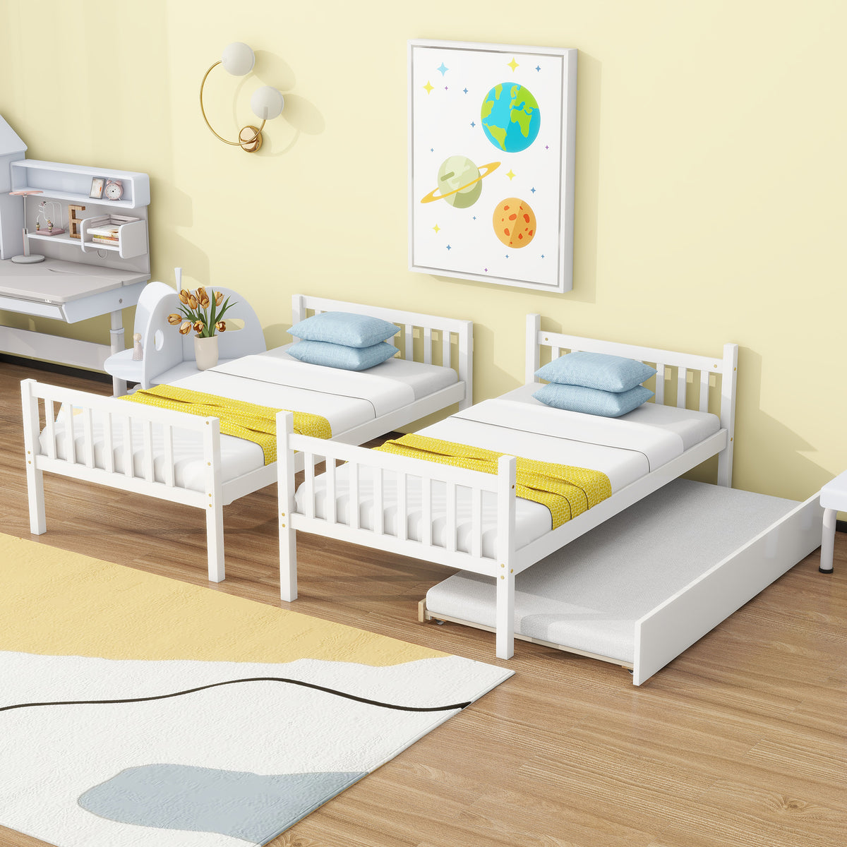 Twin Bunk Bed with Pull-Out Trundle, Convertible Bunk Bed to 2 Single Beds, Solid Wood Bed Frame with Ladder & Guardrail, White