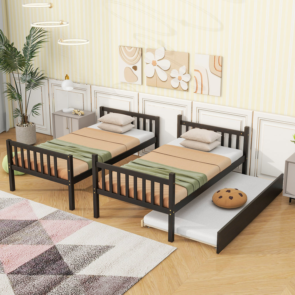 Twin Bunk Bed with Pull-Out Trundle, Convertible Bunk Bed to 2 Single Beds, Solid Wood Bed Frame with Ladder & Guardrail, Espresso