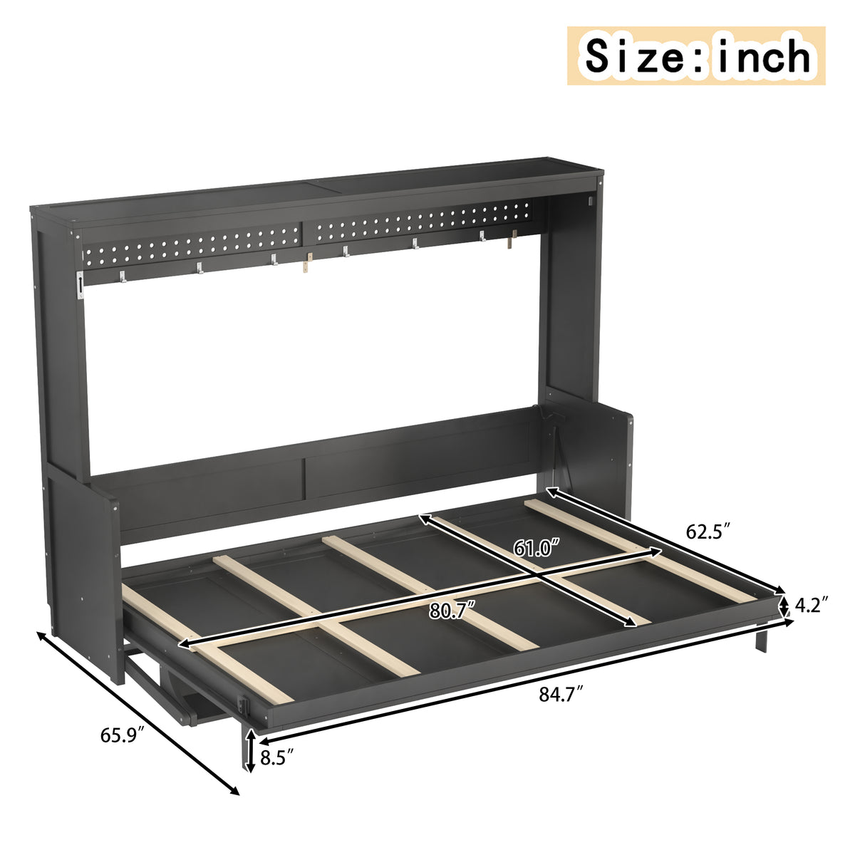 Queen Size Murphy Bed with Desk & USB Ports,LED Folding Storage Wall Bed Furniture for Bedroom,Office,Guest Room, Gray