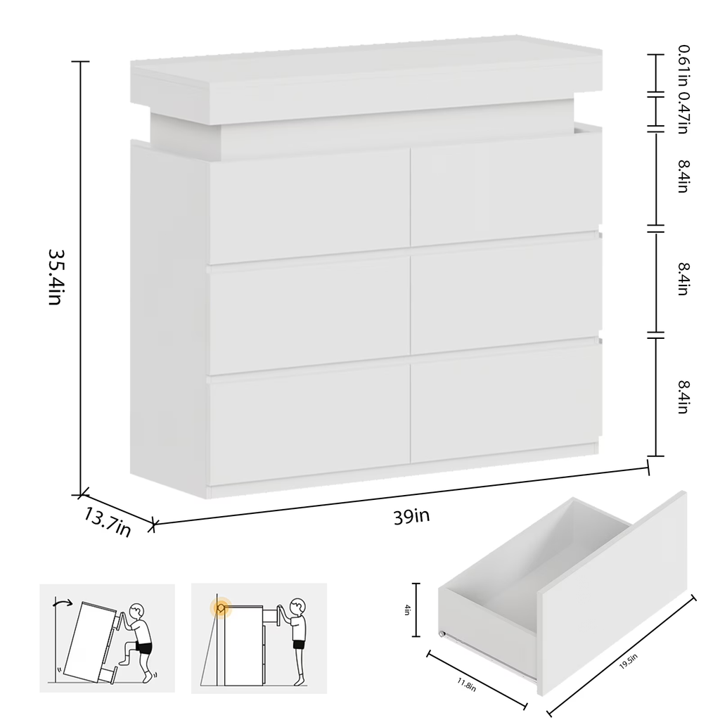 NYBOPAVIS 6 Drawer Dresser with Led Lights, 39" Wide White Wooden Dresser for Bedroom, Modern Chest of Drawers with Power Outlet & Flip Top Storage for Closet, Living Room, Entryway, Hallway