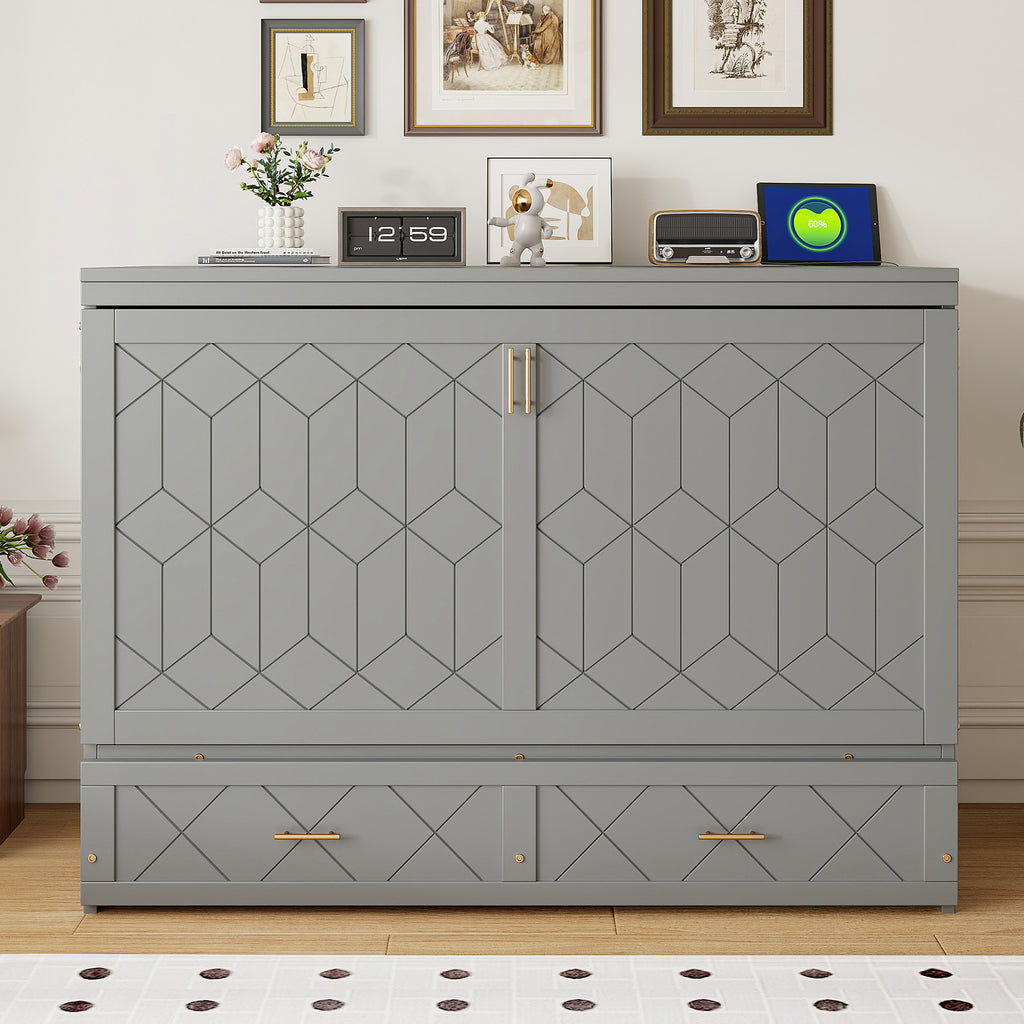 Queen Size Murphy Beds with drawer & USB Ports,Folding Storage Wall Bed Furniture for Bedroom,Office,Guest Room, Gray