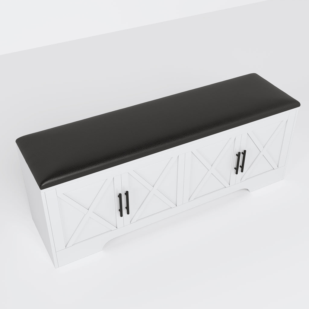 NYBOPAVIS 47" Wooden Storage Bench with Storage & Cushion, Upholstered Storage Bench with Safety Hinges for Entryway, Bedroom, White
