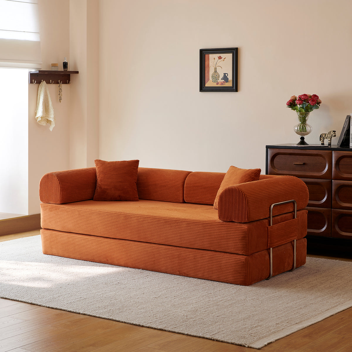 Compressed Convertible Floor Sofa Bed, Boneless Modular Sectional Futon Couch with Pillow Back & Armrest, Corduroy Fabric Loveseat for Living Room Bedroom, Tangerine