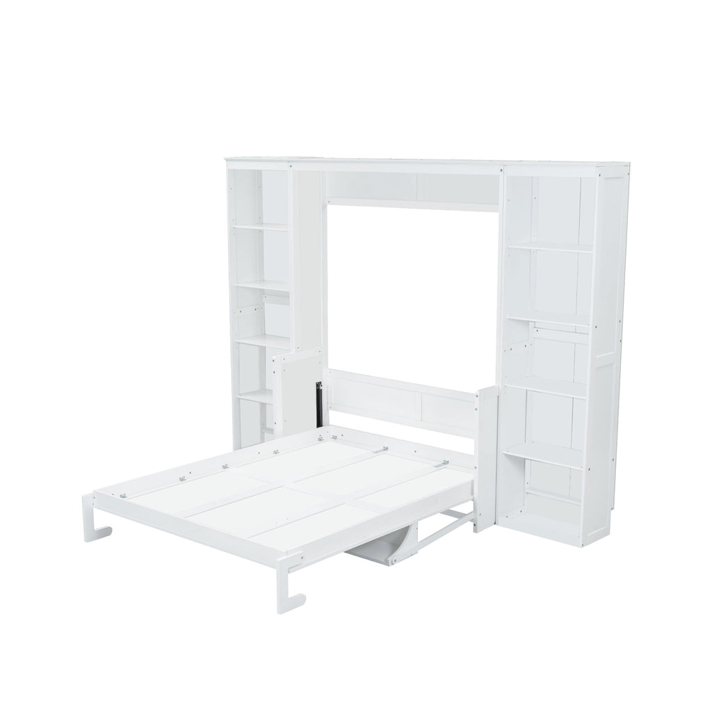 NYBOPAVIS Queen Size Murphy Bed with Vanity Desk & Bookshelf,Space-Saving Hidden Wall Bed for Living Room,White