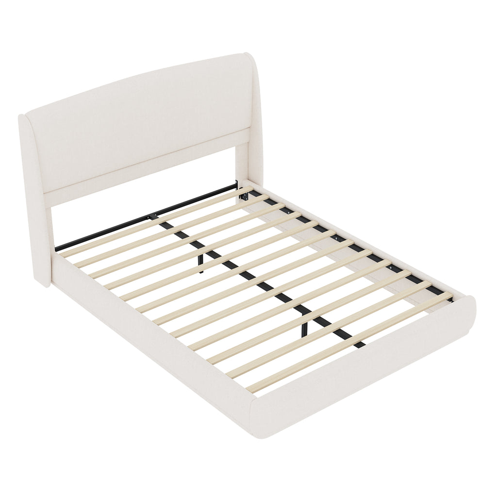 NYBOPAVIS Queen Size Upholstered Bed Frame with Wingback Headboard, Wooden Frame with Beige Linen Fabric, No Box Spring Needed, Easy Assembly