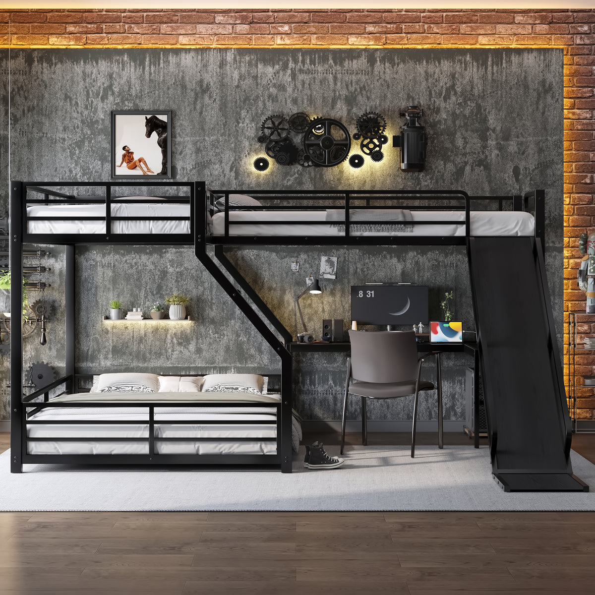 Triple Twin XL over Queen Bunk Bed Frame with LED Lights & Slide, Wooden Desk with USB Ports, Noise-Free Design, Black