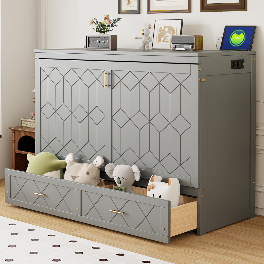 Queen Size Murphy Beds with drawer & USB Ports,Folding Storage Wall Bed Furniture for Bedroom,Office,Guest Room, Gray