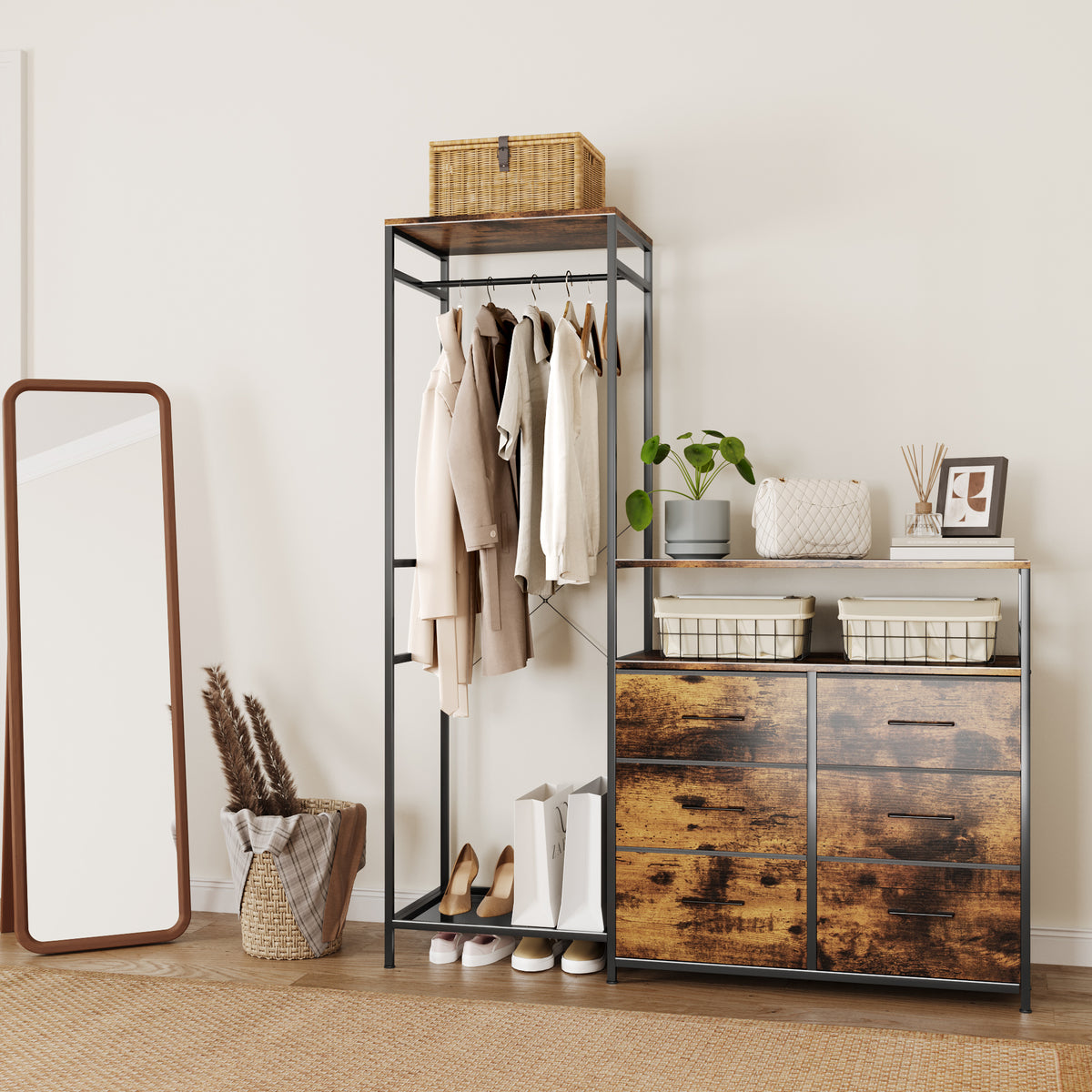 Dresser with Hanging Rack & 6 Drawers with LED Lights, Vanity Table with Drawers for Bedroom,living room,Brown