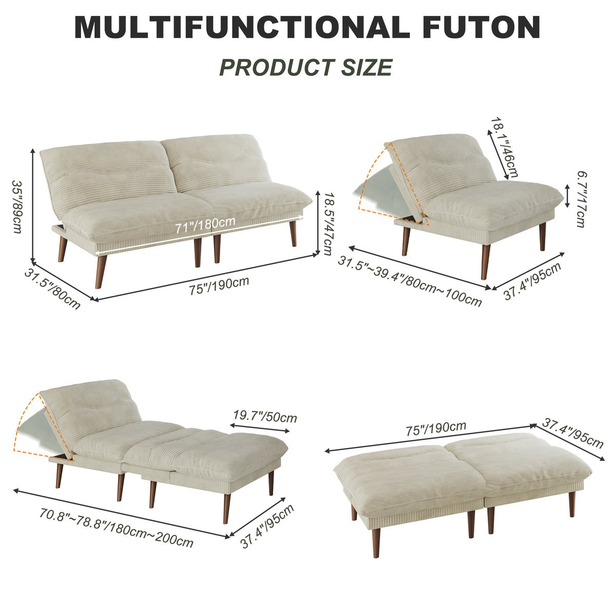 NYBOPAVIS 75" Futon, Twin Size Convertible Sleeper Sofa Bed, Corduroy Loveseat Sofa Couch for Apartment Small Space Beige