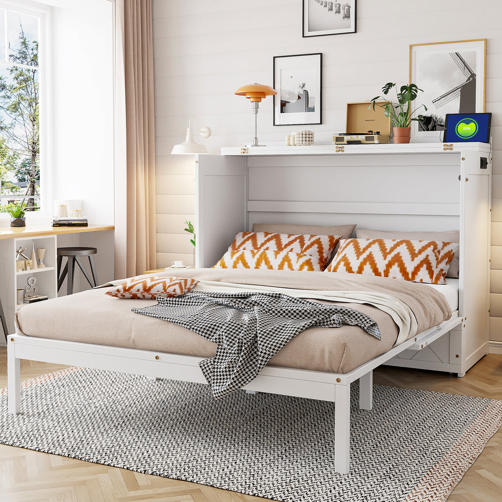 Queen Size Murphy Beds with drawer & USB Ports,Folding Storage Wall Bed Furniture for Bedroom,Office,Guest Room,White