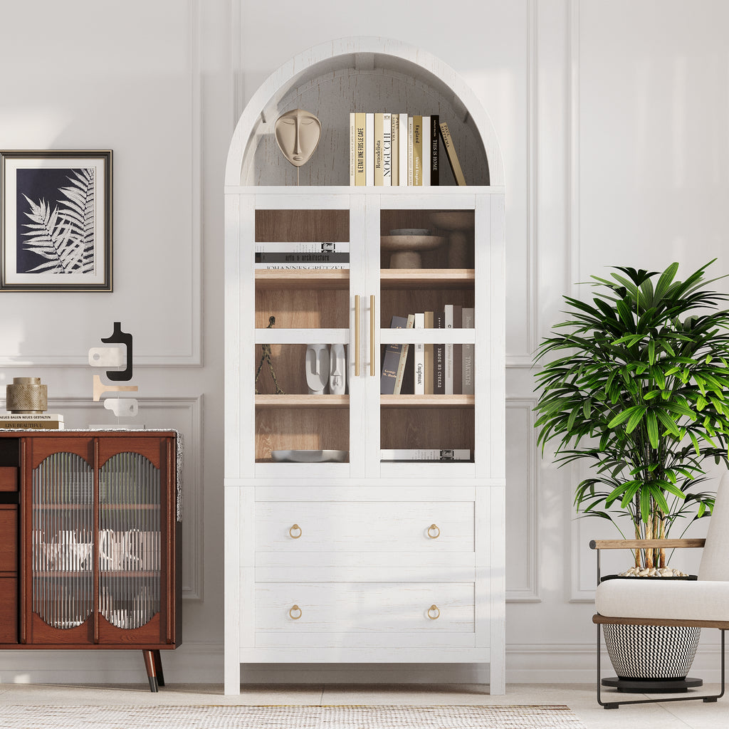 NYBOPAVIS Arched Kitchen Pantry Storage Cabinet, Wood Pantry Cabinet with Adjustable Shelves, Freestanding Pantry Cabinet for Dining Room Living Room, White