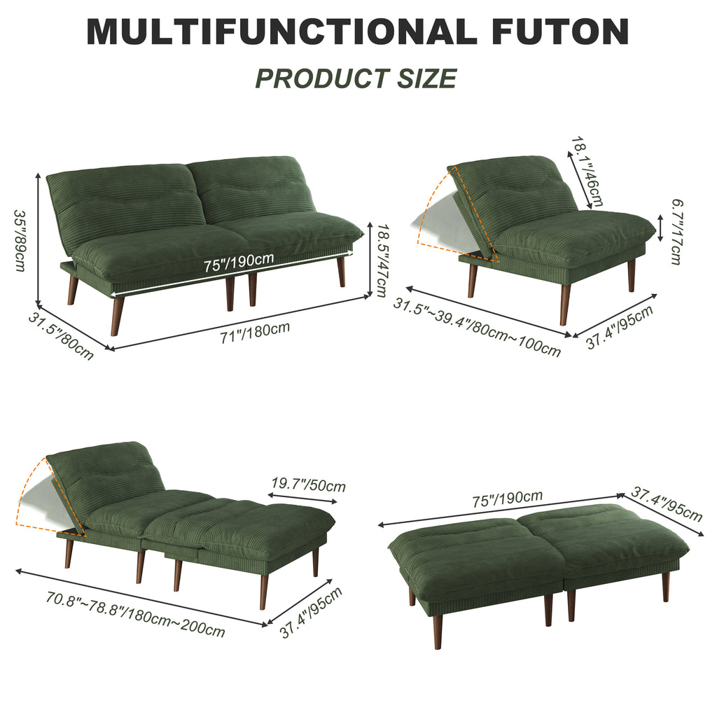 NYBOPAVIS 75" Futon, Twin Size Convertible Sleeper Sofa Bed, Corduroy Loveseat Sofa Couch for Apartment Small Space Green