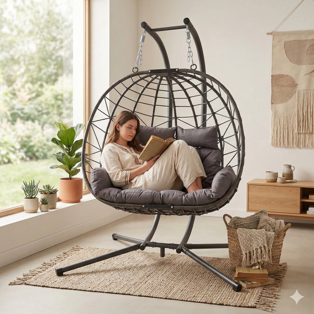Indoor/Outdoor Wicker Swing Egg Chair, Double Hammock Hanging Chair Nest Basket with Stand, UV Resistant Cushions, 700LB Capacity for Bedroom, Balcony, Garden & Poolside, Grey