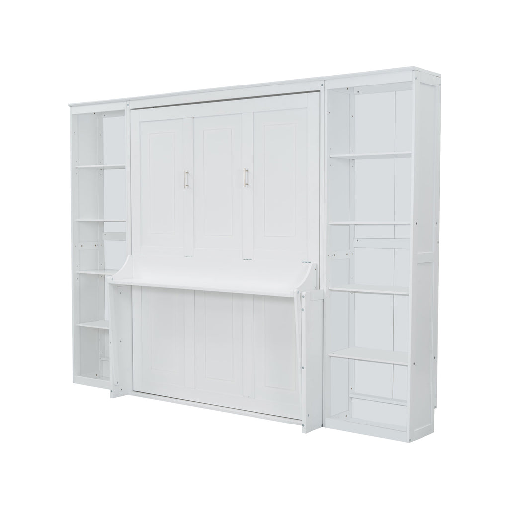 NYBOPAVIS Queen Size Murphy Bed with Vanity Desk & Bookshelf,Space-Saving Hidden Wall Bed for Living Room,White
