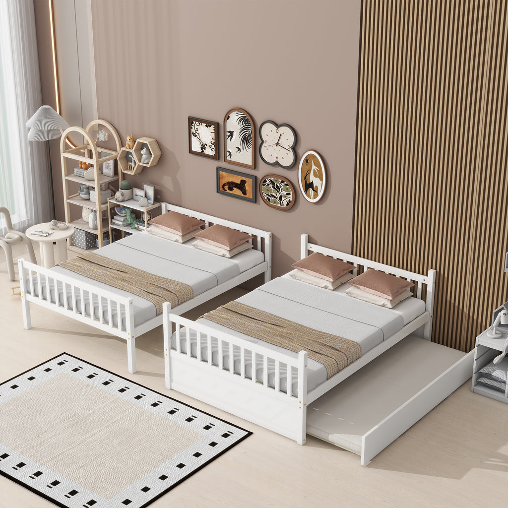 Full Bunk Bed with Pull-Out Trundle, Convertible Bunk Bed to 2 Single Beds, Solid Wood Bed Frame with Ladder & Guardrail, White