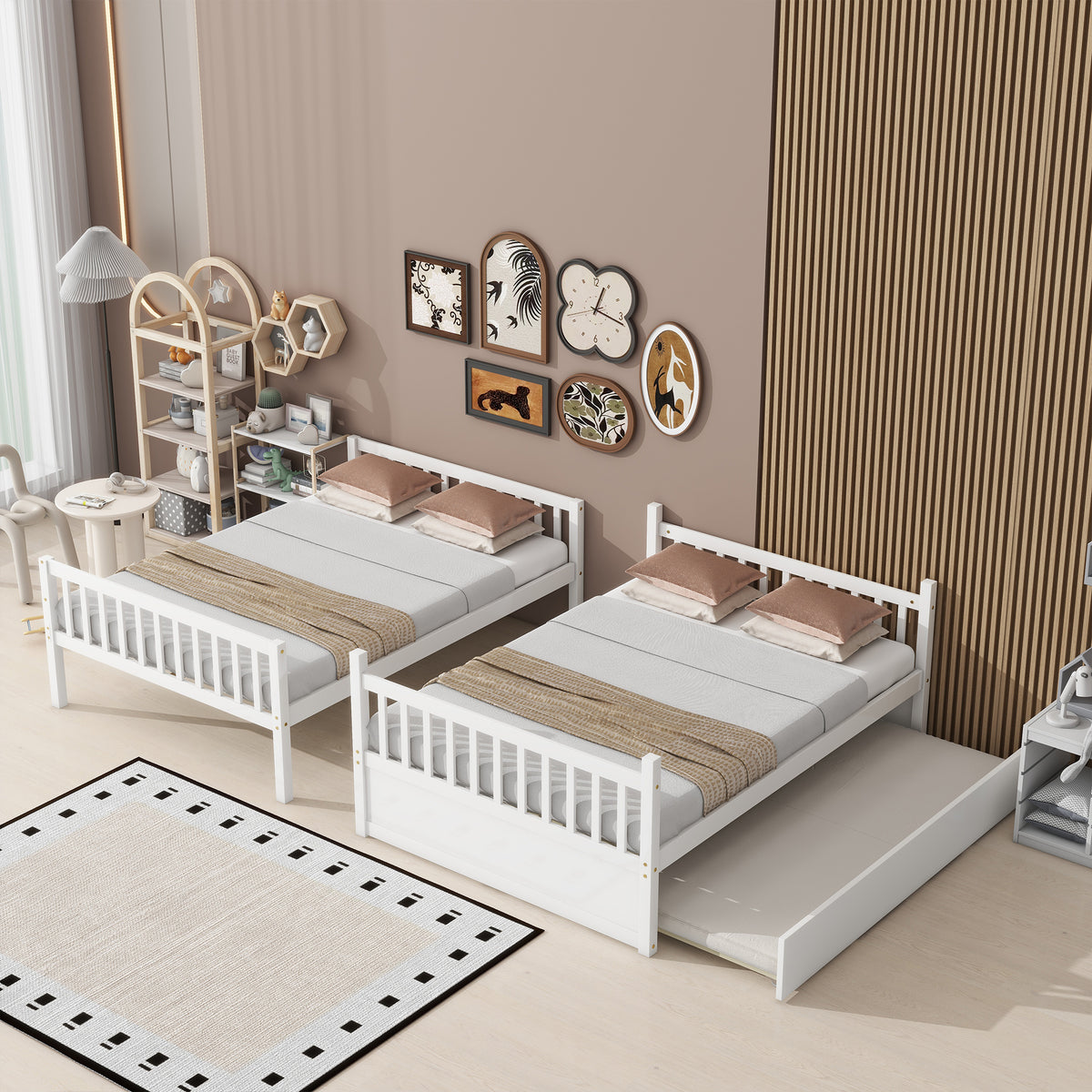 Full Bunk Bed with Pull-Out Trundle, Convertible Bunk Bed to 2 Single Beds, Solid Wood Bed Frame with Ladder & Guardrail, White
