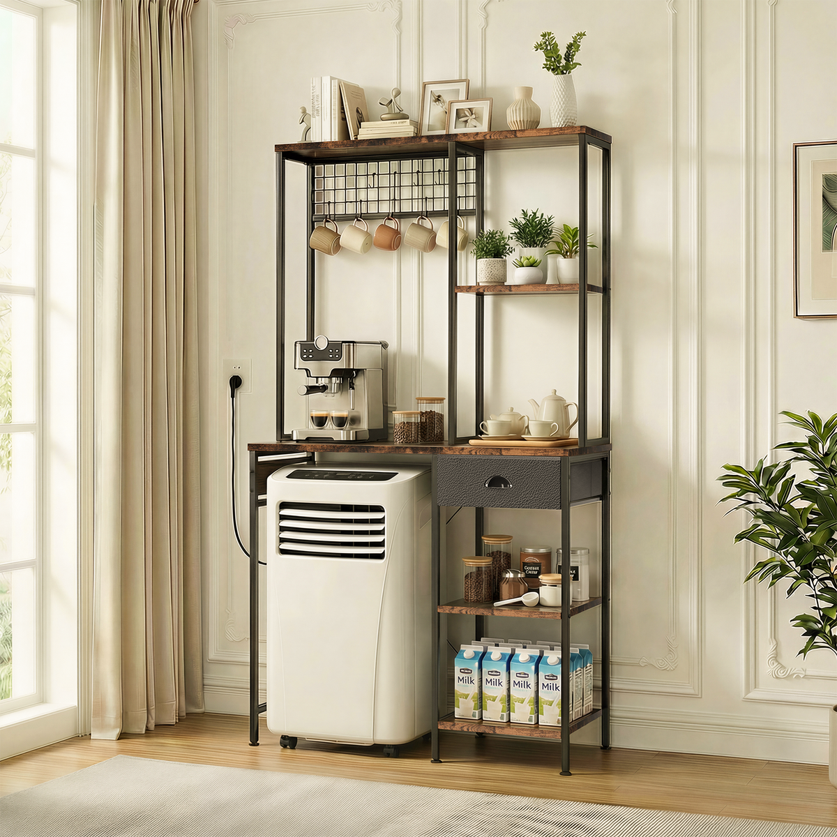 3 Tire Large Bakers Rack with Power Outlets & Adjustable Shelves, Large Coffee Bar Station with 8 Hooks,Kitchen Shelf Rack for Spices, Pots (Rustic Brown)