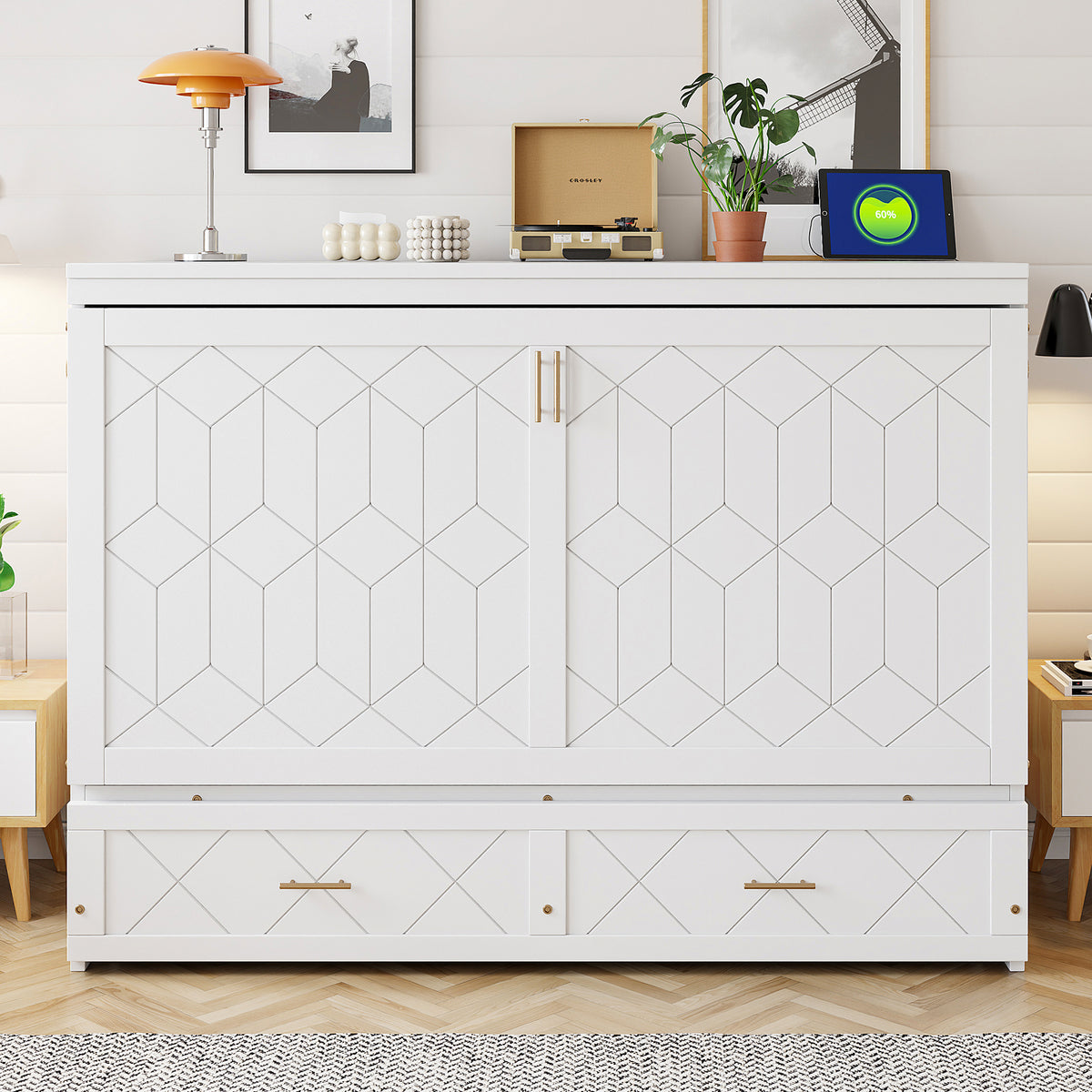 Queen Size Murphy Beds with drawer & USB Ports,Folding Storage Wall Bed Furniture for Bedroom,Office,Guest Room,White