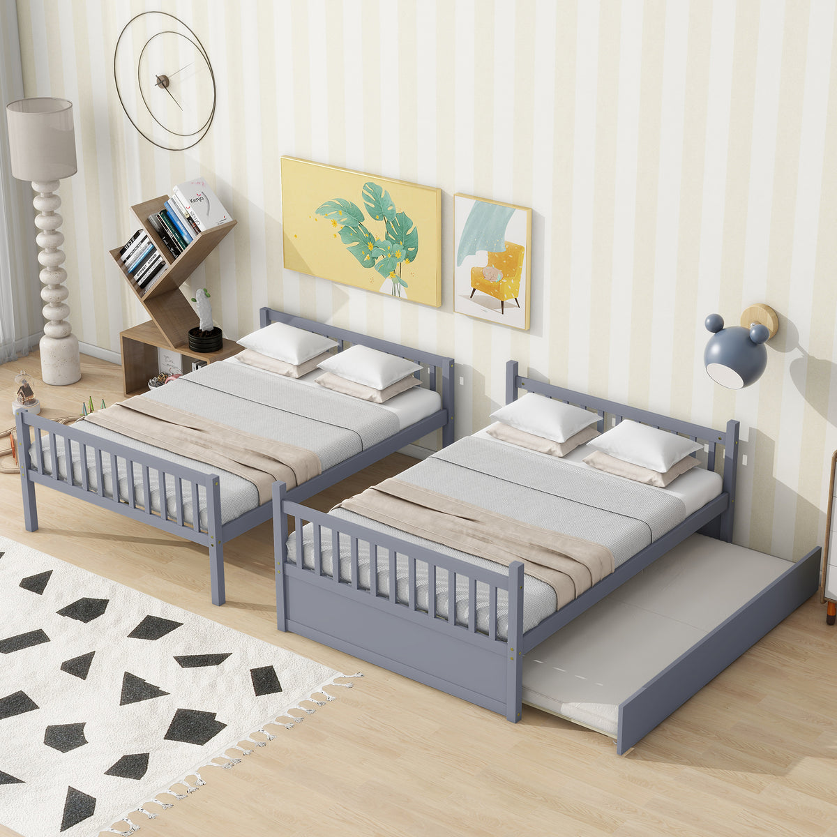 Full Bunk Bed with Pull-Out Trundle, Convertible Bunk Bed to 2 Single Beds, Solid Wood Bed Frame with Ladder & Guardrail, Grey