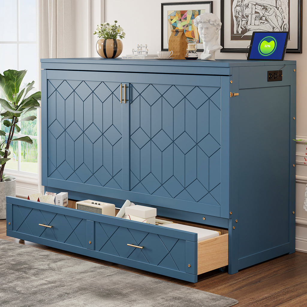 Queen Size Murphy Beds with drawer & USB Ports,Folding Storage Wall Bed Furniture for Bedroom,Office,Guest Room, Navy Blue