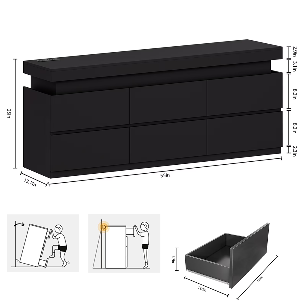 NYBOPAVIS 6 Drawer Dresser for Bedroom, Chest of Drawers with LED Light, TV Stand with Drawers Black