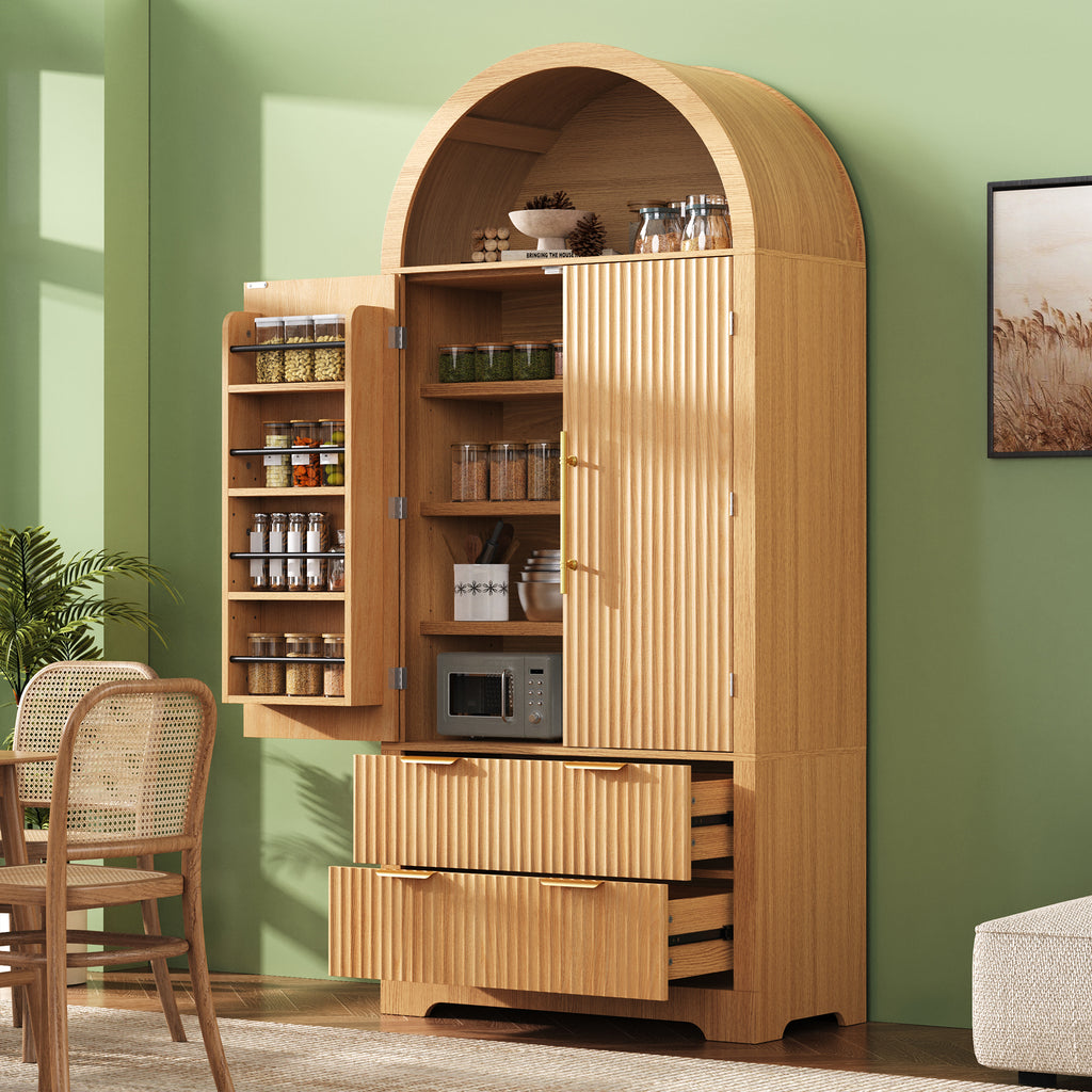 NYBOPAVIS 72" Arched Pantry Storage Cabinet with 2 Fluted Wood Doors, Kitchen Organizer with 8 Doors Shelves&Adjustable Shelves, Versatile Cupboard for Kitchen Dining Room, Natural