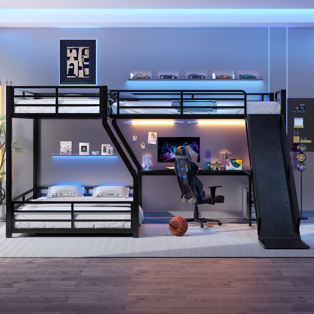 Triple Twin over Full Bunk Bed Frame with LED Lights & Slide, Wooden Desk with USB Ports, Noise-Free Design, Black