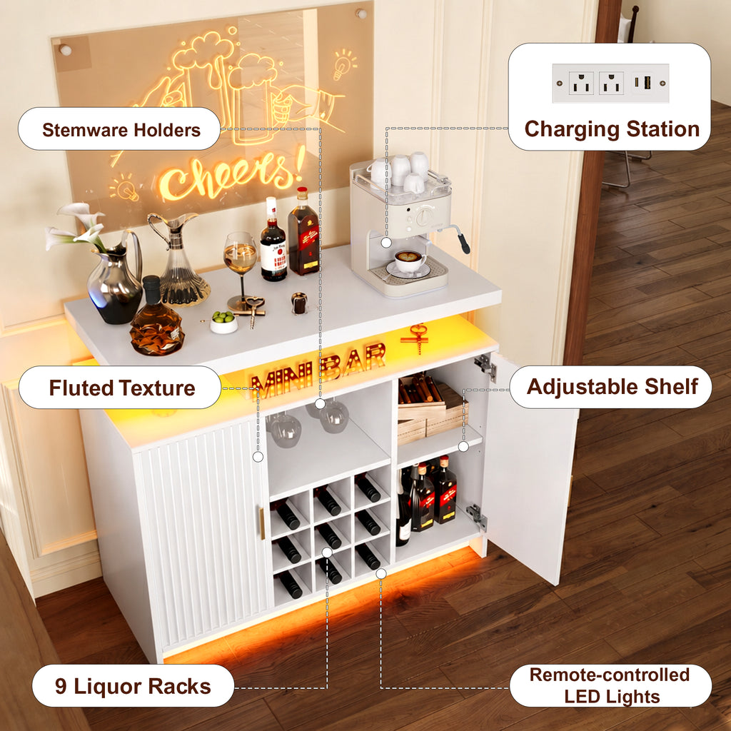 Wine Cabinet with LED & Outlets, Coffee Bar Cabinet with Storage, Removable Liquor Rack & Adjustable Shelves, Sideboard Buffet Cabinet for Home, White