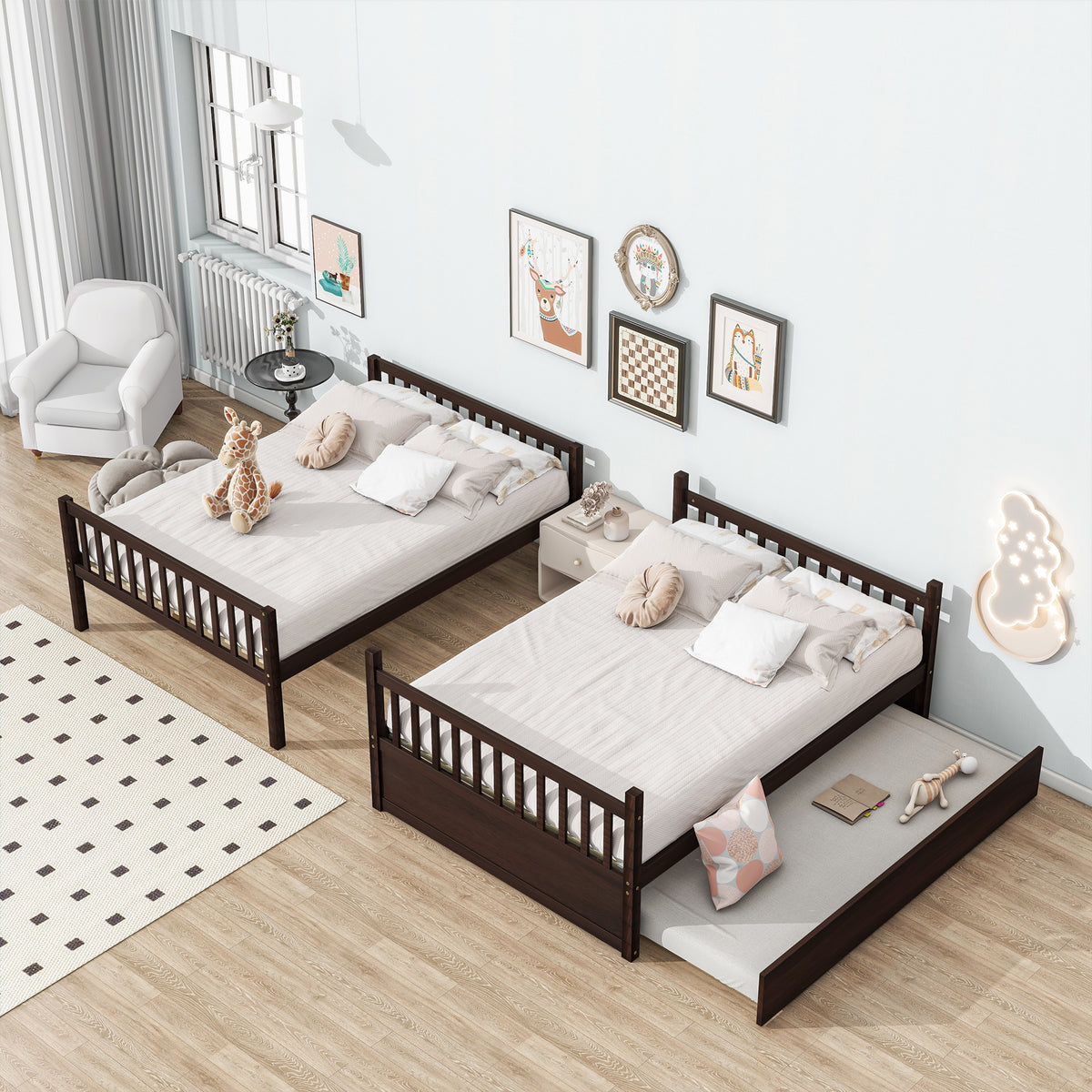 Full Bunk Bed with Pull-Out Trundle, Convertible Bunk Bed to 2 Single Beds, Solid Wood Bed Frame with Ladder & Guardrail, Espresso