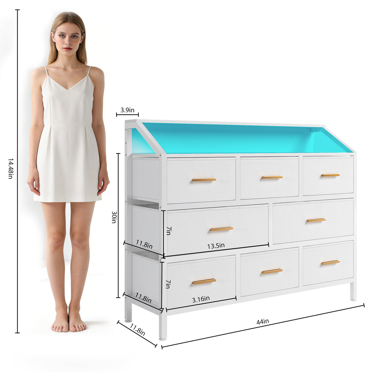 8 Drawer Dresser with LED Light & Charging Station,Retro Drawer with Storage Vanity Organizer for Bedroom, Living Room, Hallway White